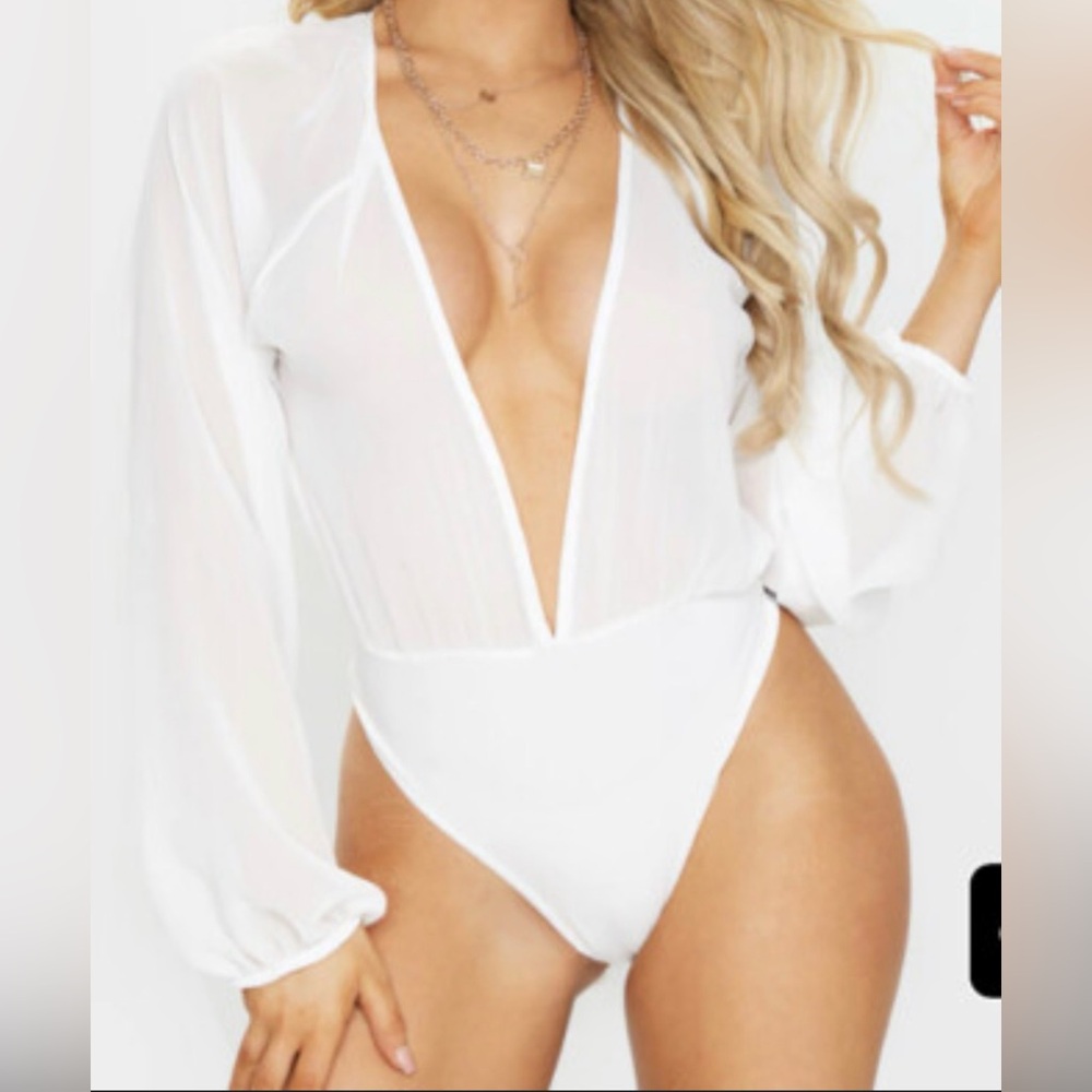 Elegant White Chiffon Deep V-Neck Bodysuit
